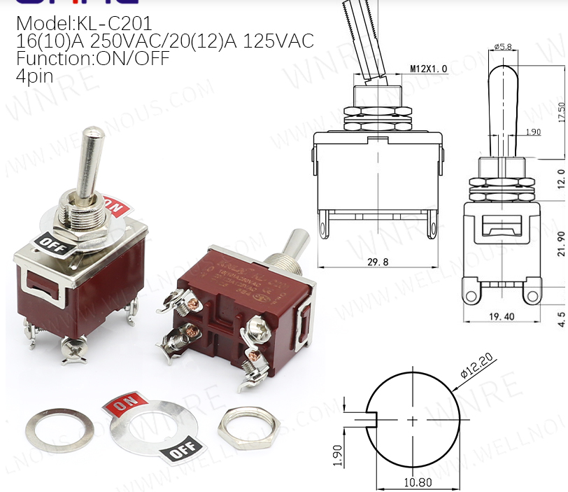 Toggle Switch ON/OFF  4pin 2pole (Taiwan)